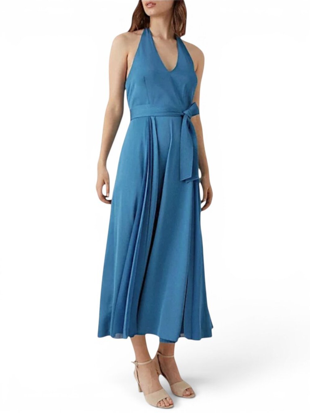Karen Millen Pleated Halter Midi Maxi Belt Dress Blue Cocktail Evening NWT New 8